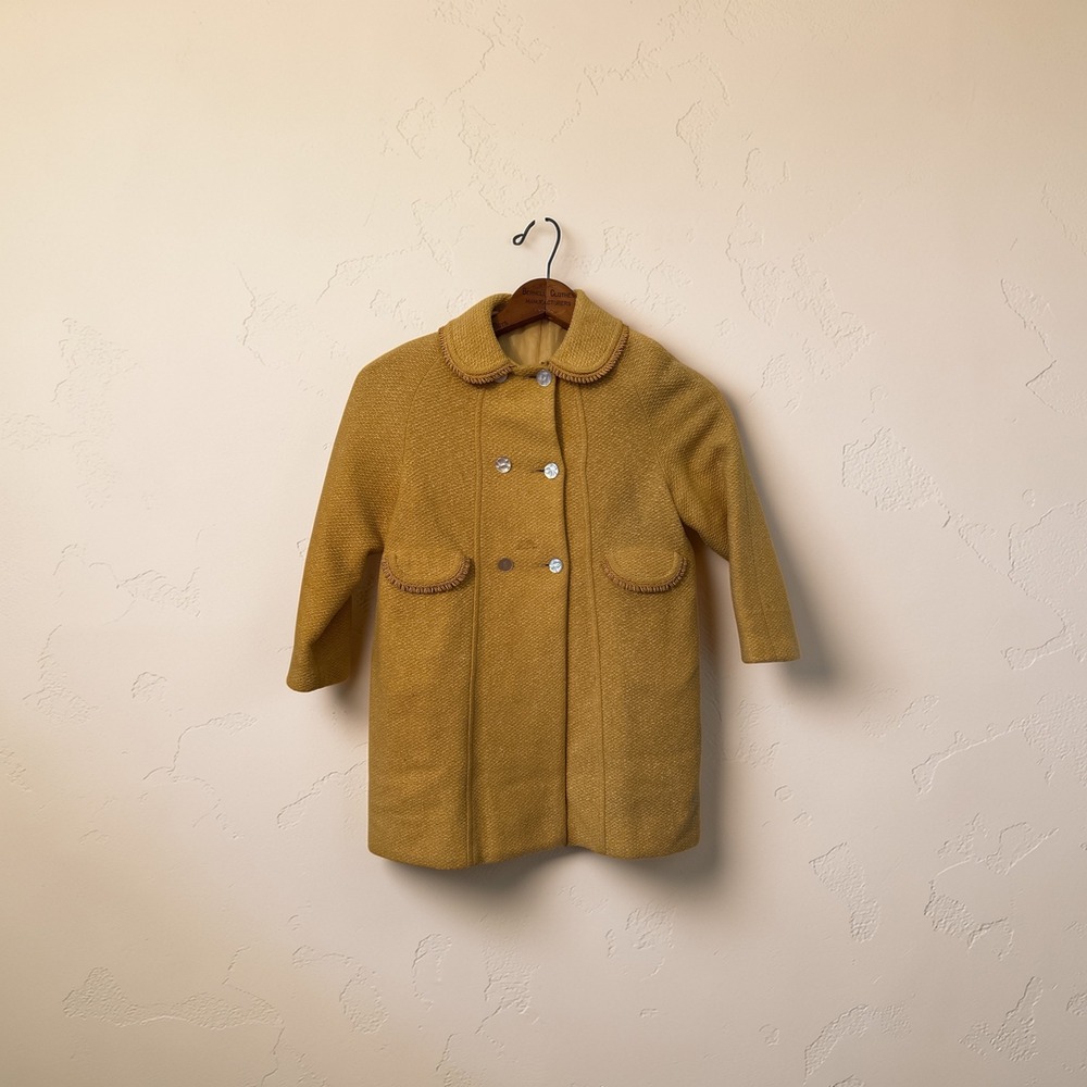 Vintage Philadelphia Girl Mustard Yellow Boucle Coat Fringe Trim Buttons 1960s